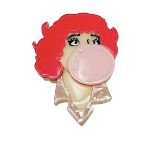 Grease Movie Frenchy Pink Hair Pin Brooch Bubblegum Blowing Bubble Resin 2X3"